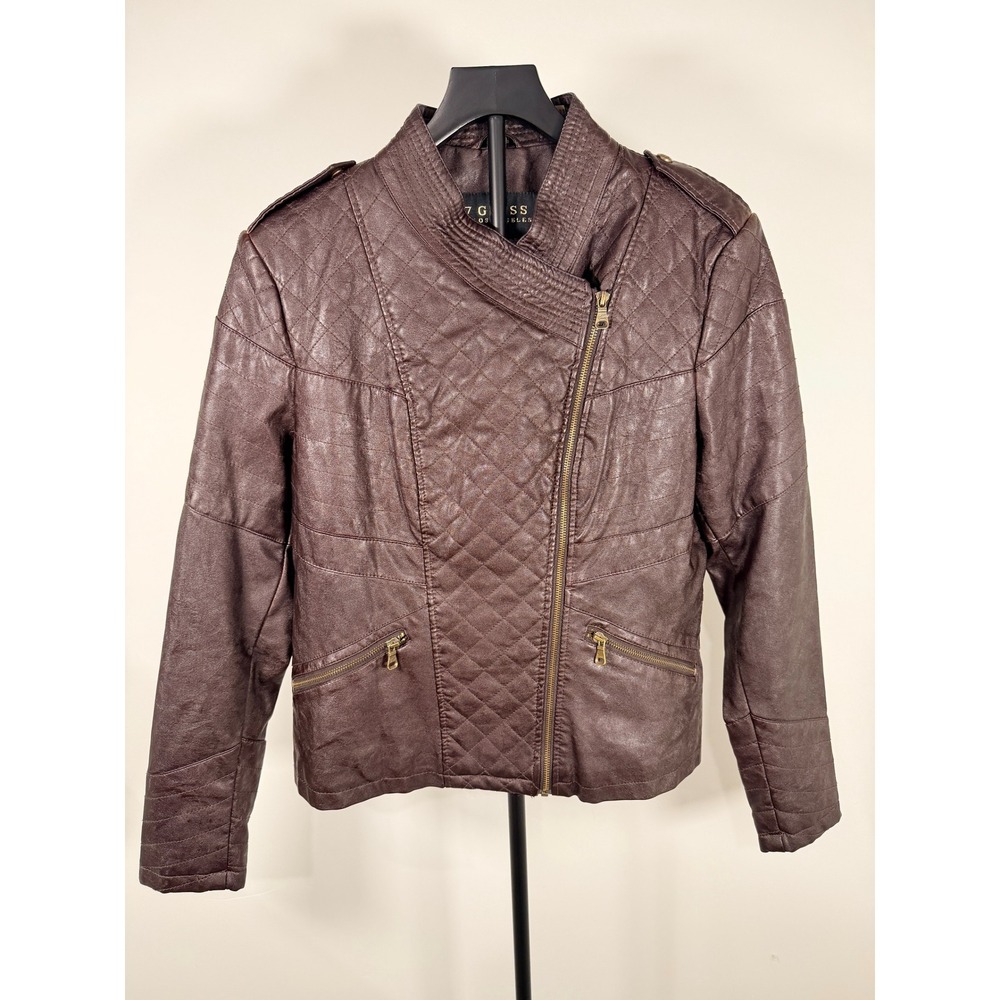 Guess Los Angeles Brown Quilted Faux Leather Moto Jacket Asymmetrical Zip L